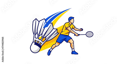 Energetic badminton player in action with shuttlecock illustration for sports campaigns, fitness promotions, and active lifestyle branding with modern style