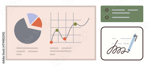 Pie chart, line graph, signed form, text blocks representing data analysis, signing processes. Ideal for analytics, project management, digital contracts, decision-making finance reporting simple