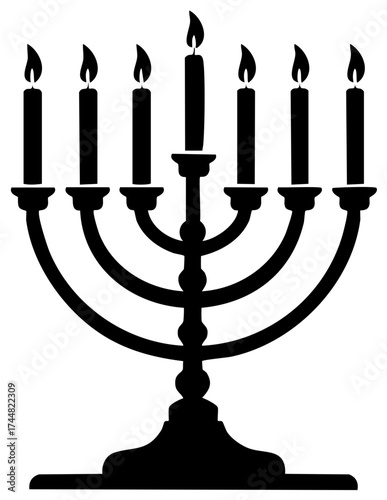 Traditional seven-branched candelabrum menorah silhouette with lit candles, ancient Jewish religious symbol.