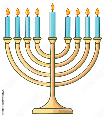 Cartoon golden menorah with nine lit blue candles for Hanukkah celebration or Jewish festival