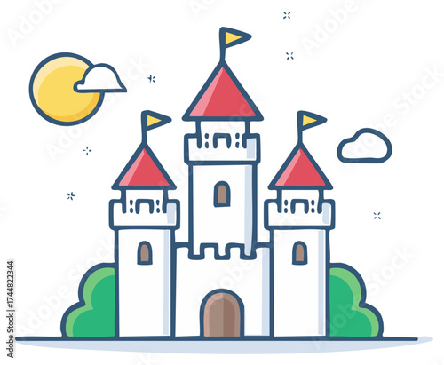 Whimsical fairytale castle with red turrets and golden flags stands beneath a bright yellow sun and fluffy white clouds, fantasy landscape concept art