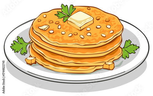 Stack of pancakes with butter and parsley on a white plate illustration