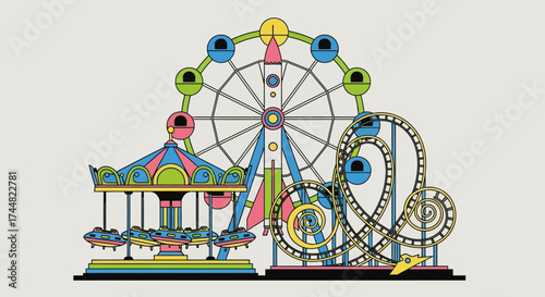 Amusement Park Rides Illustration with Ferris Wheel and Roller Coaster.