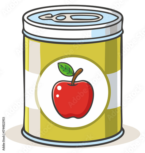 Simple hand drawn cartoon food can with a vibrant red apple on the yellow label