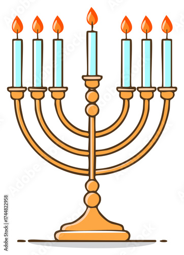 Menorah illustration with lit candles, holiday season, religious symbol.