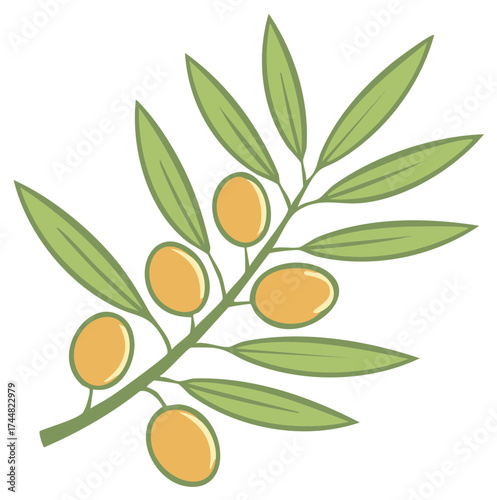 Stylized Olive Branch with Green Leaves and Yellow Olives, Vector Illustration