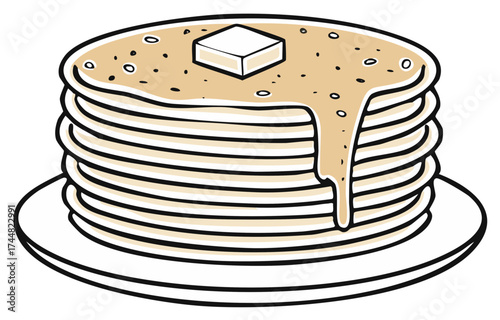 Stack of pancakes with butter and syrup on a plate, illustration