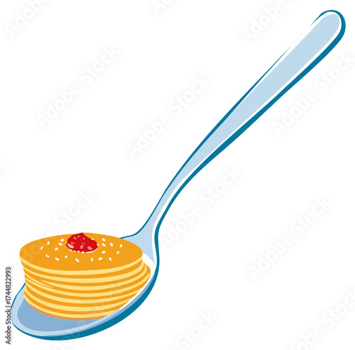 Stack of pancakes with strawberry jam on a spoon