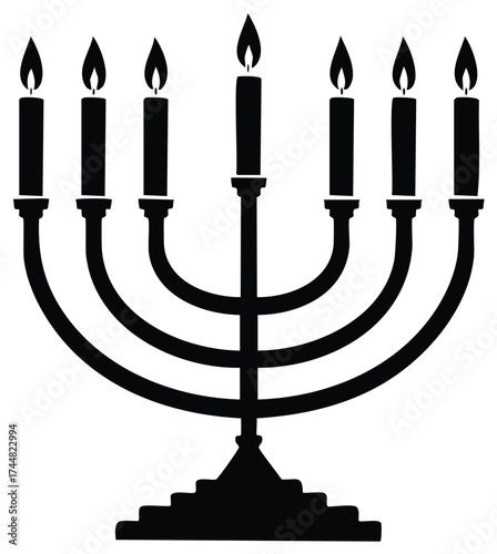 Classic seven branched menorah candelabrum with all lit candles silhouette icon