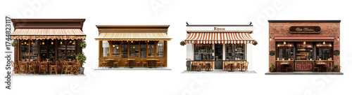 Charming Cafe Facades with Cozy Outdoor Seating and Warm Lighting, Isolated on Transparent Background