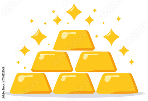 Cartoon Gold Ingots Stacked in Pyramid with Sparkles Representing Wealth or Success