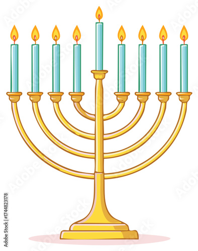 Menorah with nine lit candles in a traditional gold stand