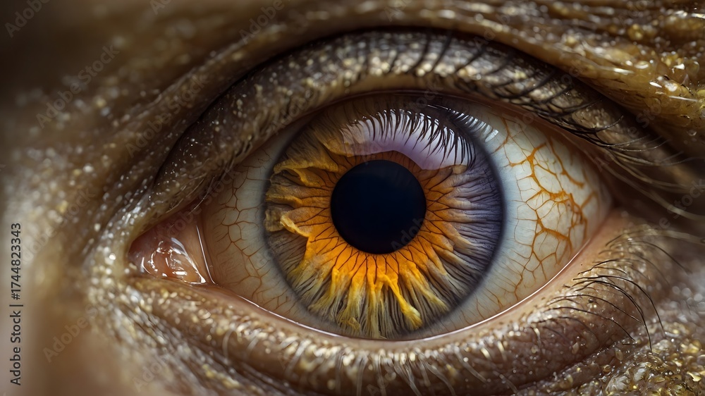 Obraz premium Primer plano macro de un ojo humano con iris multicolor en tonos dorados y azulados y textura detallada de la piel