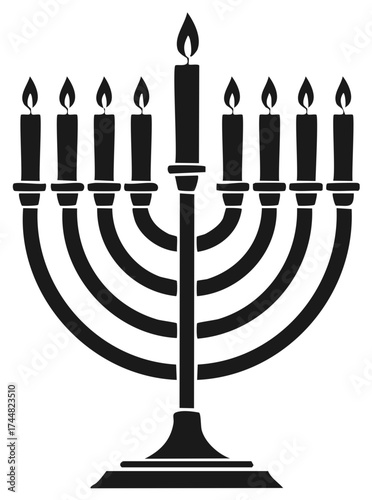 Menorah Illustration with Nine Lit Candles Hanukkah Celebration Symbol Black Silhouette