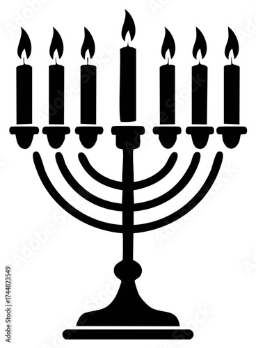 Simple black silhouette of a seven branch Temple Menorah with lit candles a Jewish religious symbol