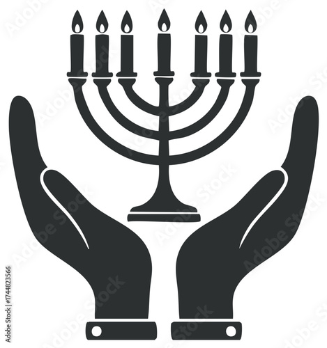 A silhouette icon of two hands protecting a Jewish menorah with seven lit candles a symbol of faith and tradition