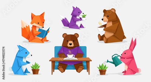 Animals Engaged in Human Activities - Reading, Watering, and Enjoying Tea.