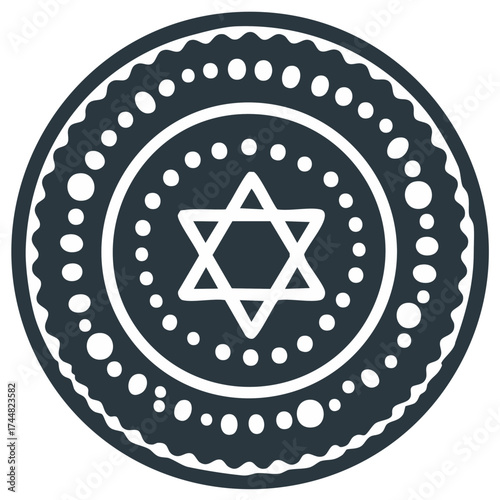 Decorative Jewish Star of David Seal Icon, Round Ornament Design, Circle Border
