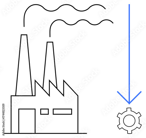 Factory building with smoke-emitting chimneys and a downward arrow pointing to a gear. Ideal for industry, production, efficiency, innovation, process engineering, automation, simple landing page