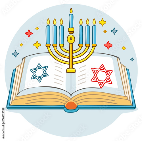 A golden lit Hanukkah menorah on an open holy book with Stars of David for a festive Jewish holiday celebration