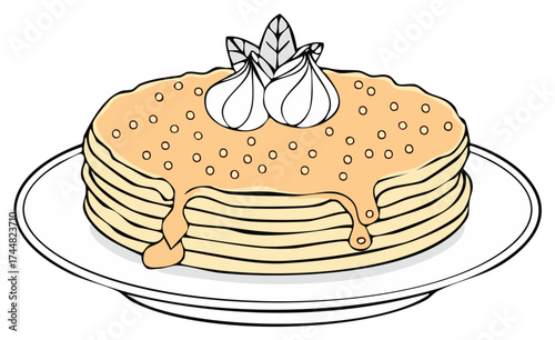 Hand drawn illustration of a delicious pancake stack with syrup and cream topping