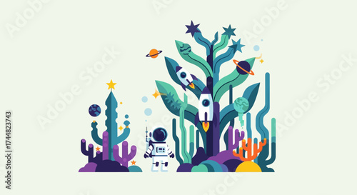 Astronaut exploring space with rockets and vibrant plant life in a colorful illustration.