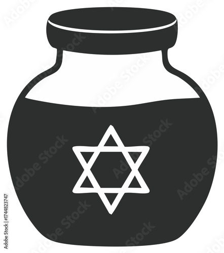 Jar of a dark liquid with a Star of David design, a symbol of faith and tradition for religious or holiday illustrations