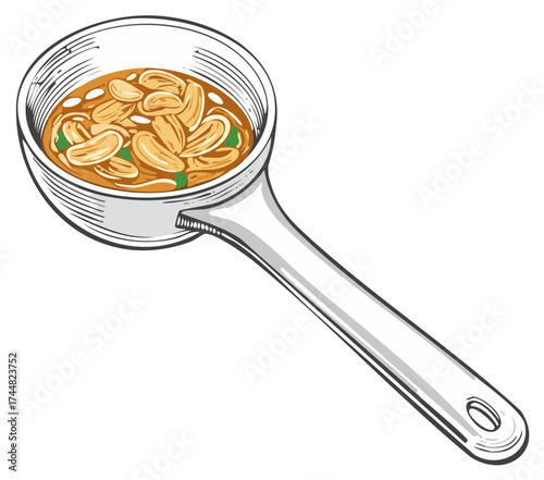 Hand-drawn ladle serving a savory soup with peanuts and fresh herbs in a sketch style