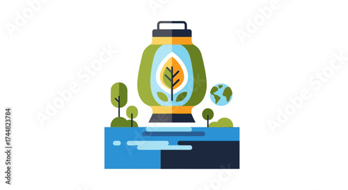 Biogas digester with a plant inside, symbolizing sustainable energy and environmental protection.