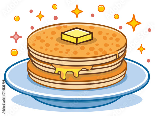 Stack of delicious pancakes with butter on a blue plate sparkling illustration