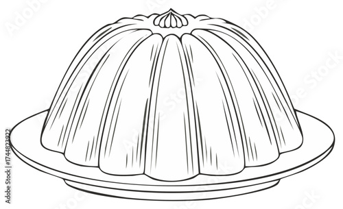 Line art illustration of a sweet fluted jelly mold served on a round plate