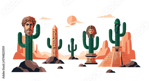 Cactus plants with human faces and ancient structures in a desert landscape.
