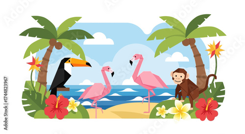 Cartoon Illustration of Tropical Wildlife by the Sea.