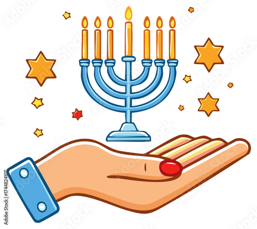 Vibrant illustration of a hand presenting a traditional Hanukkah menorah with glowing candles and festive stars