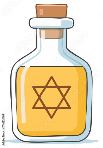 Cartoon bottle with Star of David symbol filled with yellow liquid and cork stopper