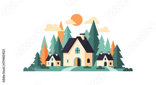 Charming houses nestled among a forest of pine trees under a warm sun.