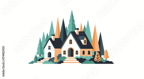 Charming illustration of a cozy house nestled among vibrant trees and nature.