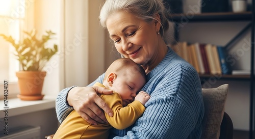 Loving Grandmother Cradling Her Sleeping Newborn Grandchild.