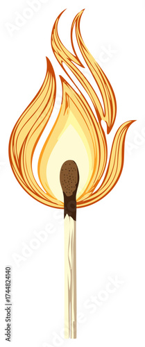 A burning matchstick illustration with a bright orange flame, showing the concept of ignition and fire starting tools on white