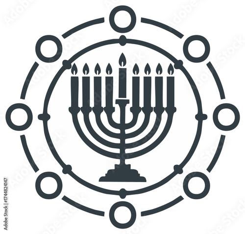 Stylized Hanukkah menorah icon with nine lit candles. Jewish holiday festival of lights vector symbol.