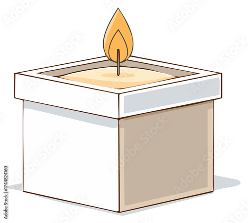Simple minimalist burning candle with glowing flame in square container vector art