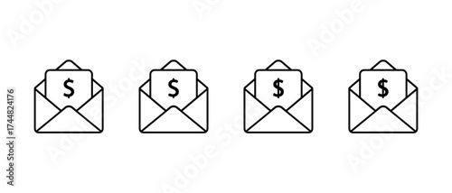 Dollar in envelope icon set. Money payment and financial transaction mail symbol