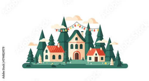 Charming illustrated village with houses and pine trees.