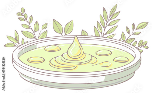 Herbal essence liquid with essential oil drop and fresh leaves in a bowl illustration
