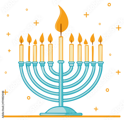 Chanukah menorah with nine lit candles and festive decorations, light