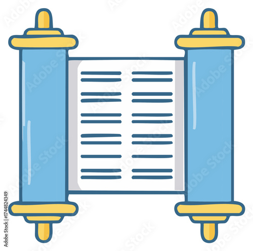 Illustrative drawing of an open scroll with script, a representation of ancient writings, blue and gold