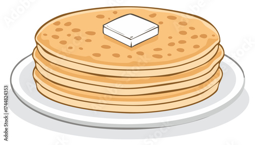 Stack of delicious pancakes with a square of butter on top, on a plate