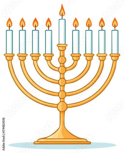 Golden Menorah with Nine Lit Candles, Traditional Jewish Candelabrum for Hanukkah Celebration