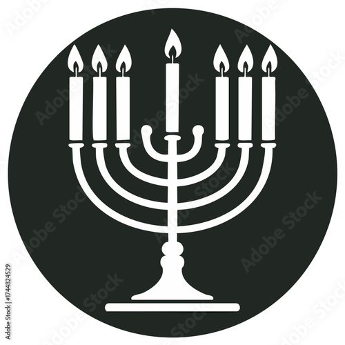 Seven Branched Jewish Temple Menorah with lit candles icon Traditional Judaism symbol vector illustration