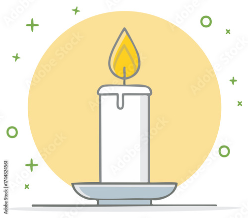 Simple doodle illustration of a lit white candle on a saucer with a glowing flame set against a warm yellow circle